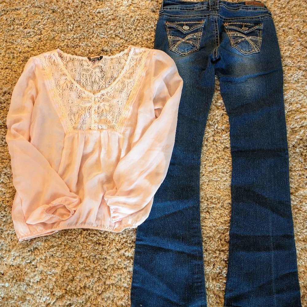 Wallflower Bundle! Junior's Pink Puff-Sleeve & Low-rise, Detailed Flares